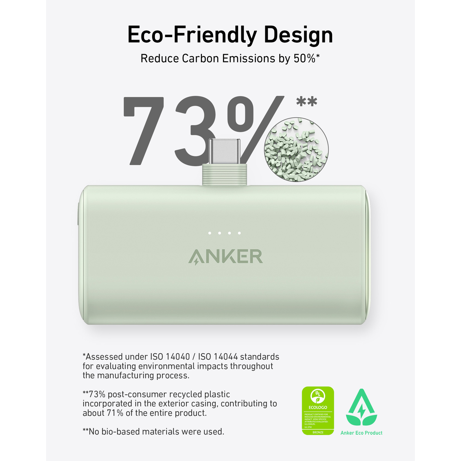 Batterie externe Anker : vert clair, rectangulaire, avec port USB-C. Texte indiquant 73 % de plastique recyclé.