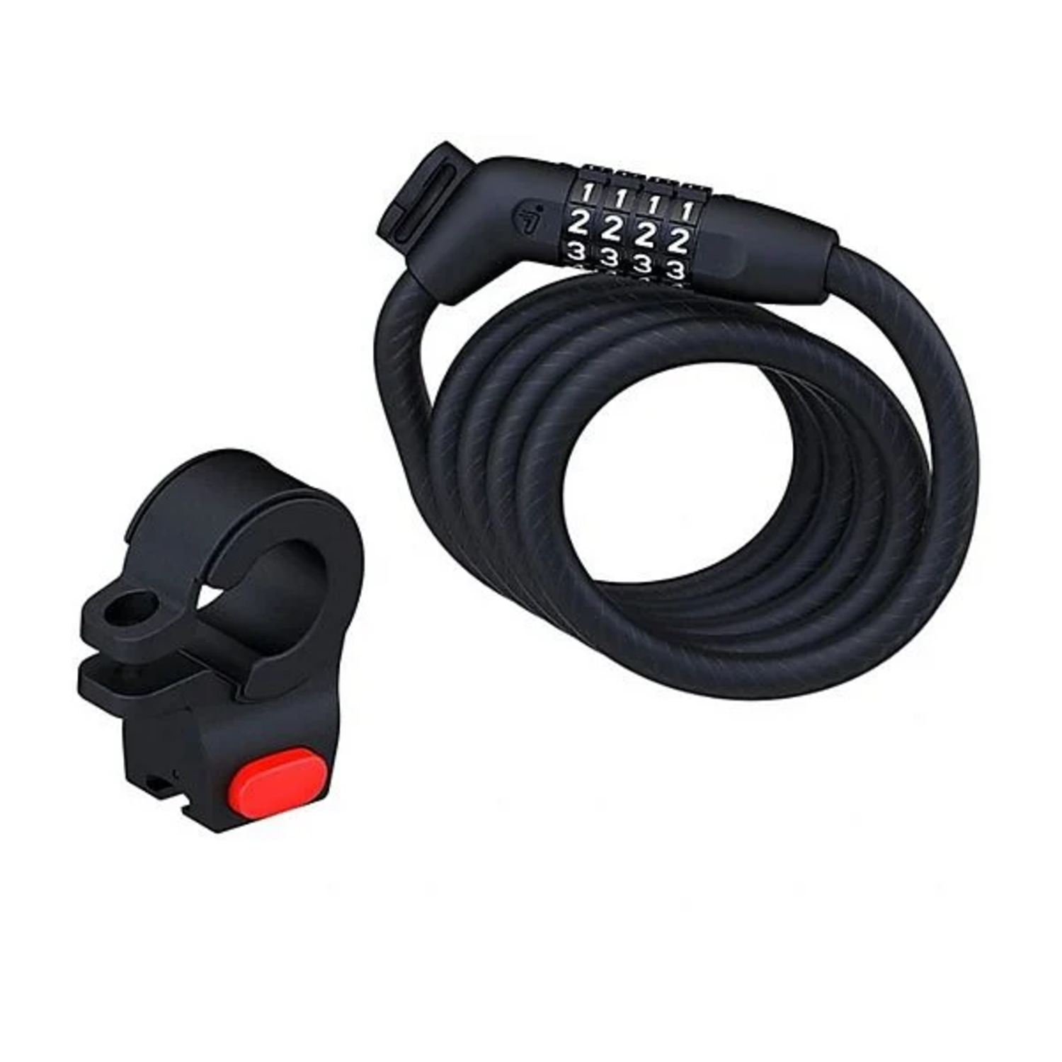 Black bike lock with numbers and a red button. White background.