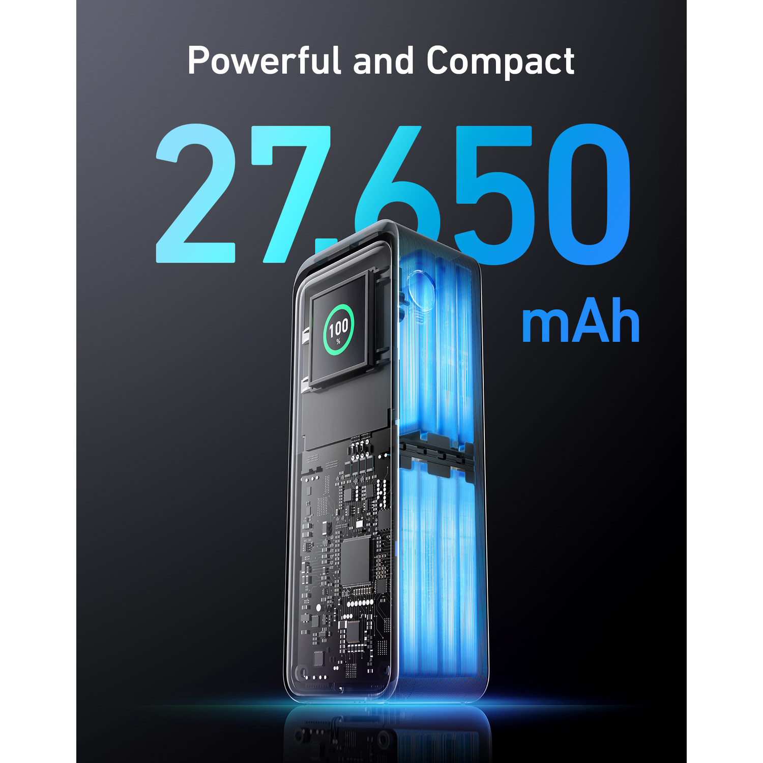 Une batterie externe noire avec une vue des composants internes. Fond bleu.
