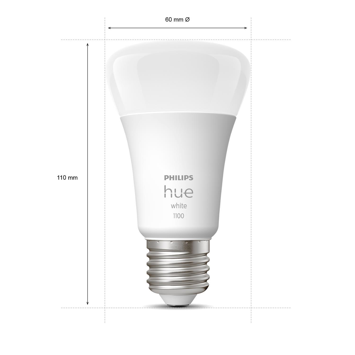 Weiße Philips Hue-Glühbirne. Abmessungen: 110 mm hoch, 60 mm Durchmesser. Beschriftet: Philips hue white 1100.