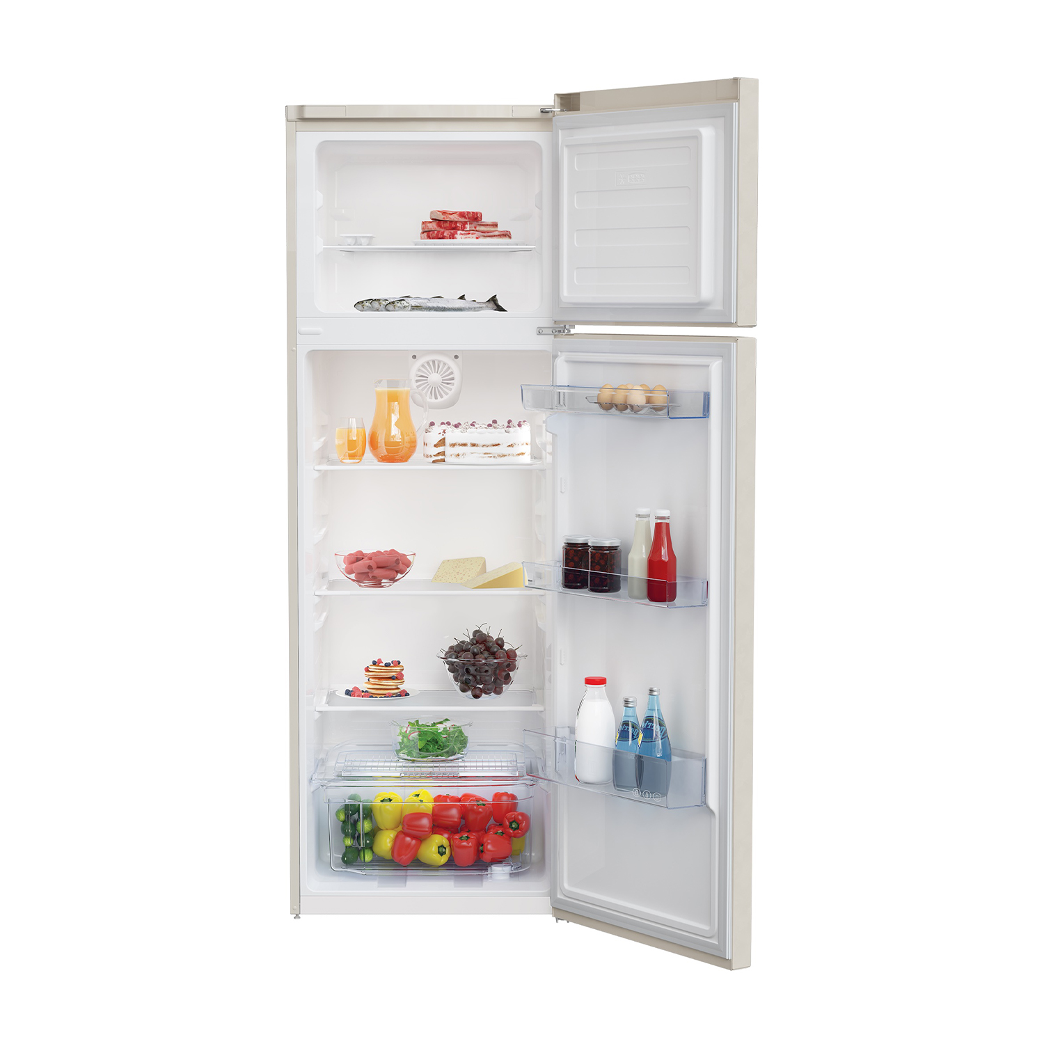 Frigorifero con porte aperte, mostra cibo all'interno, esterno beige chiaro.