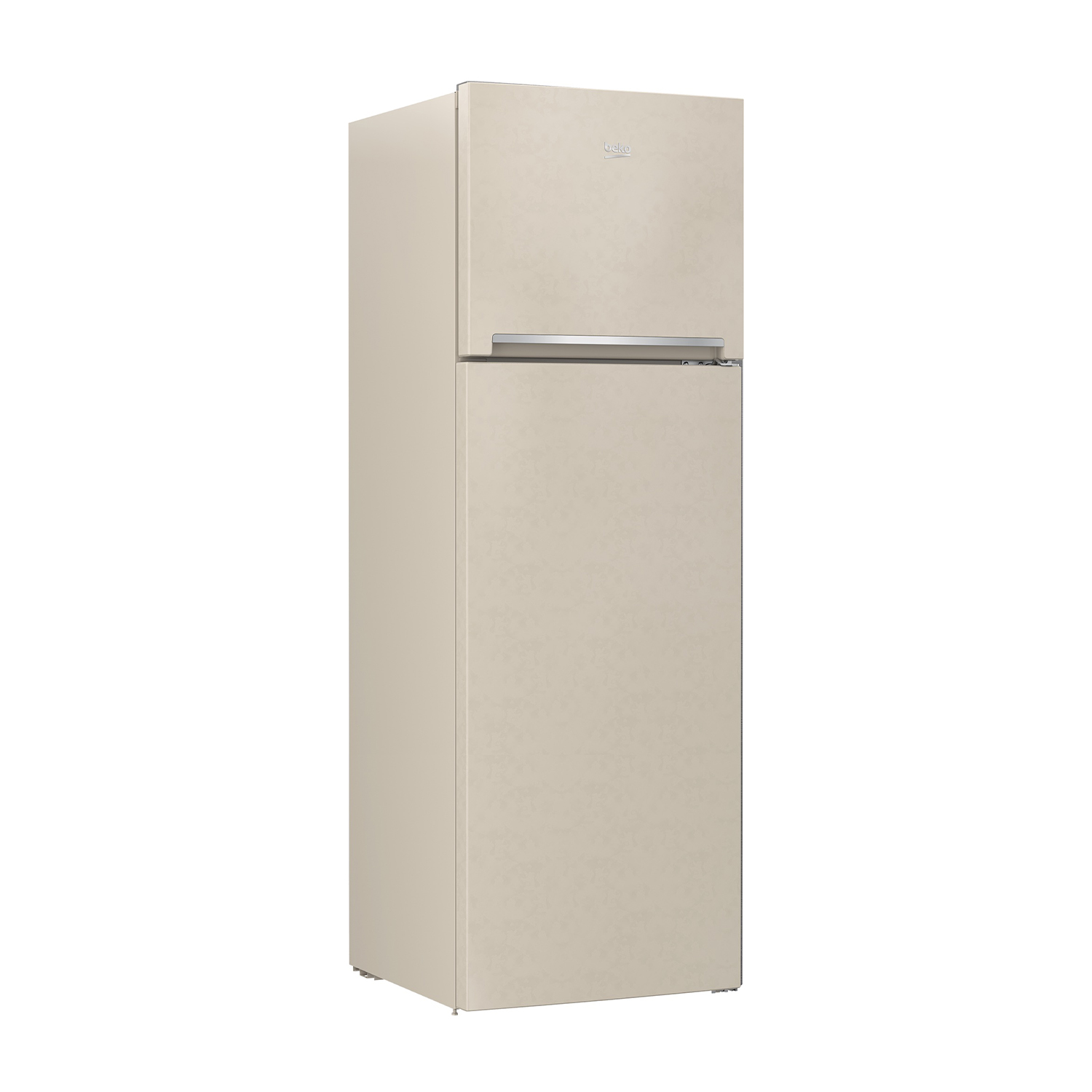 Un frigorifero beige con congelatore superiore, su sfondo bianco.