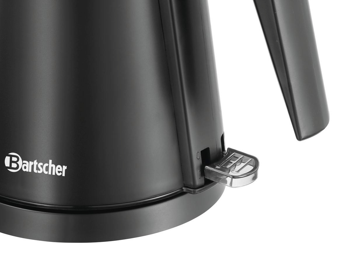Nahaufnahme eines schwarzen Pedal-Mülleimers mit 'Bartscher'-Logo an der Seite.