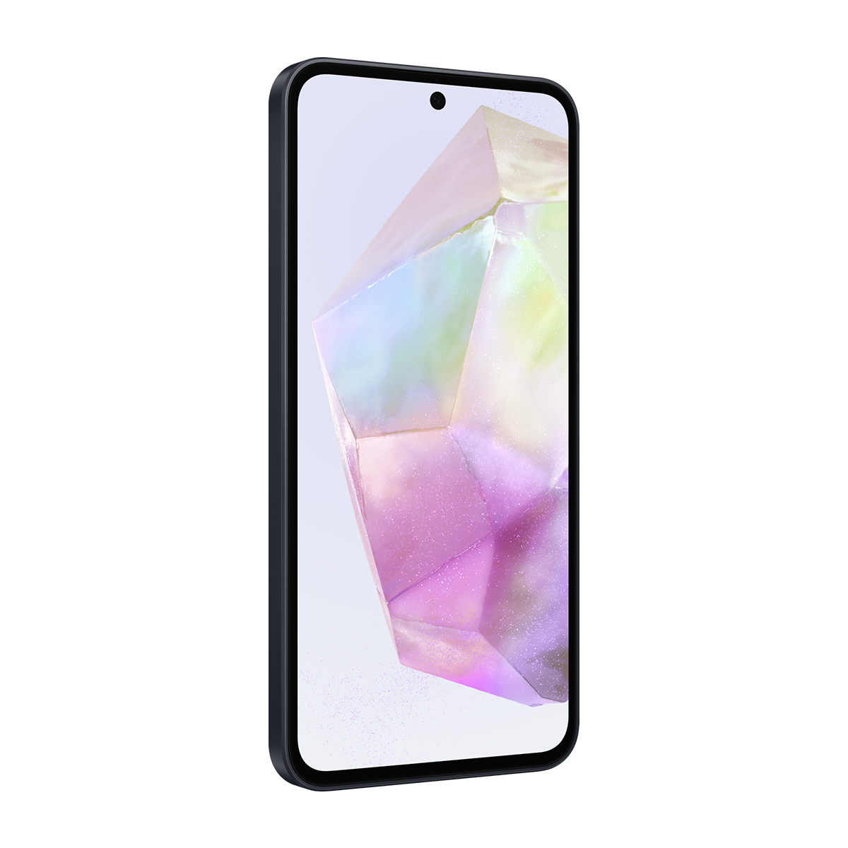 Siyah bir arka plan üzerinde, ekranda kristal benzeri bir görüntü bulunan bir akıllı telefon.
