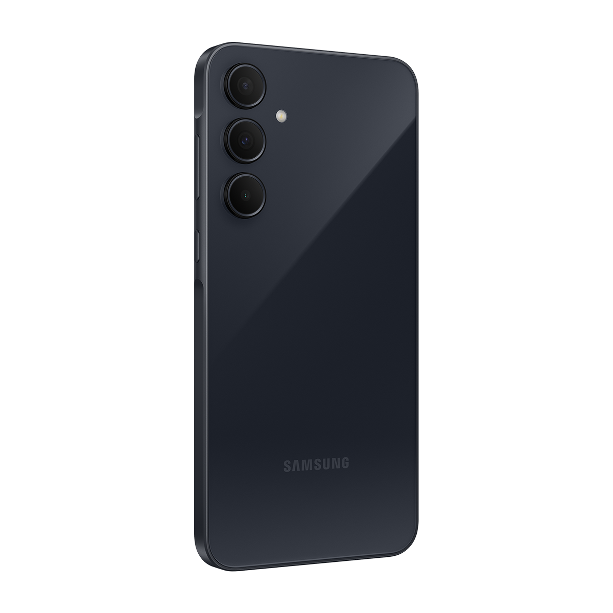 Siyah bir arka plan üzerinde üç arka kameralı, koyu mavi bir Samsung telefon. Samsung logosu görünür.