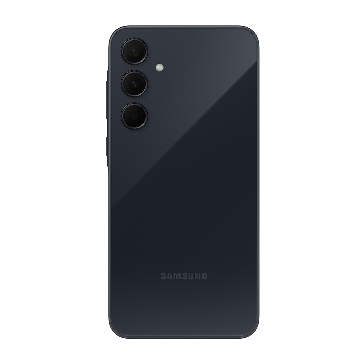 Üçlü kamera kurulumu ve Samsung logosu ile koyu mavi akıllı telefon arkası.