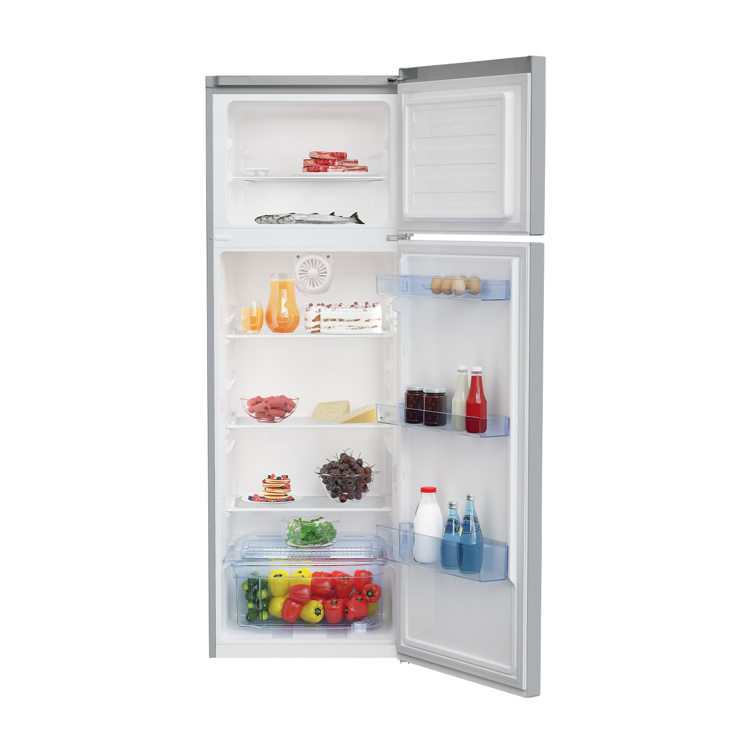 Frigorifero con porta aperta, cibo visibile: pesce, carne, frutta, verdura e bevande. Interno bianco, esterno argento.