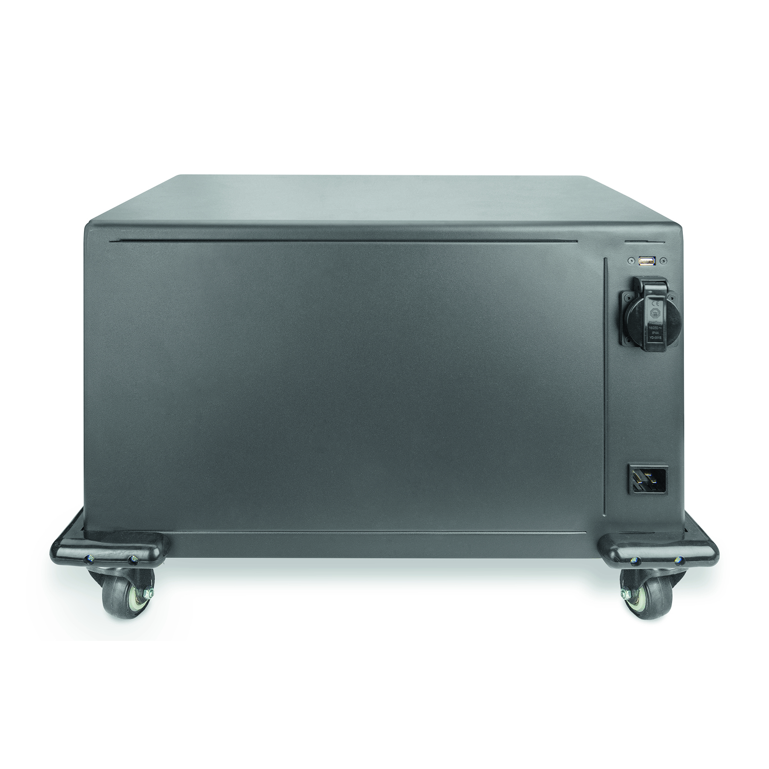 A dark gray box on wheels with an electrical outlet on the side.