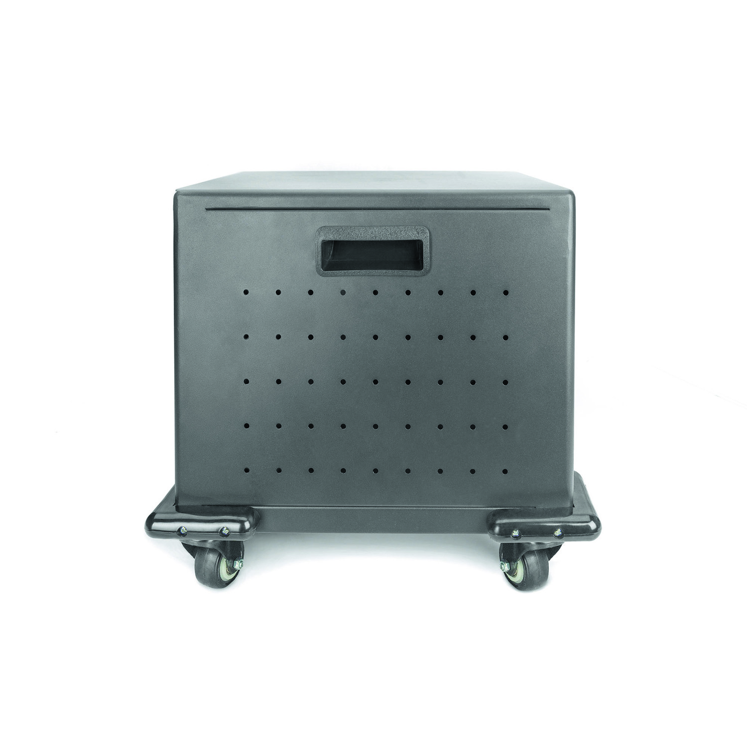 Dark gray storage bin on wheels, with a recessed handle and ventilation holes.