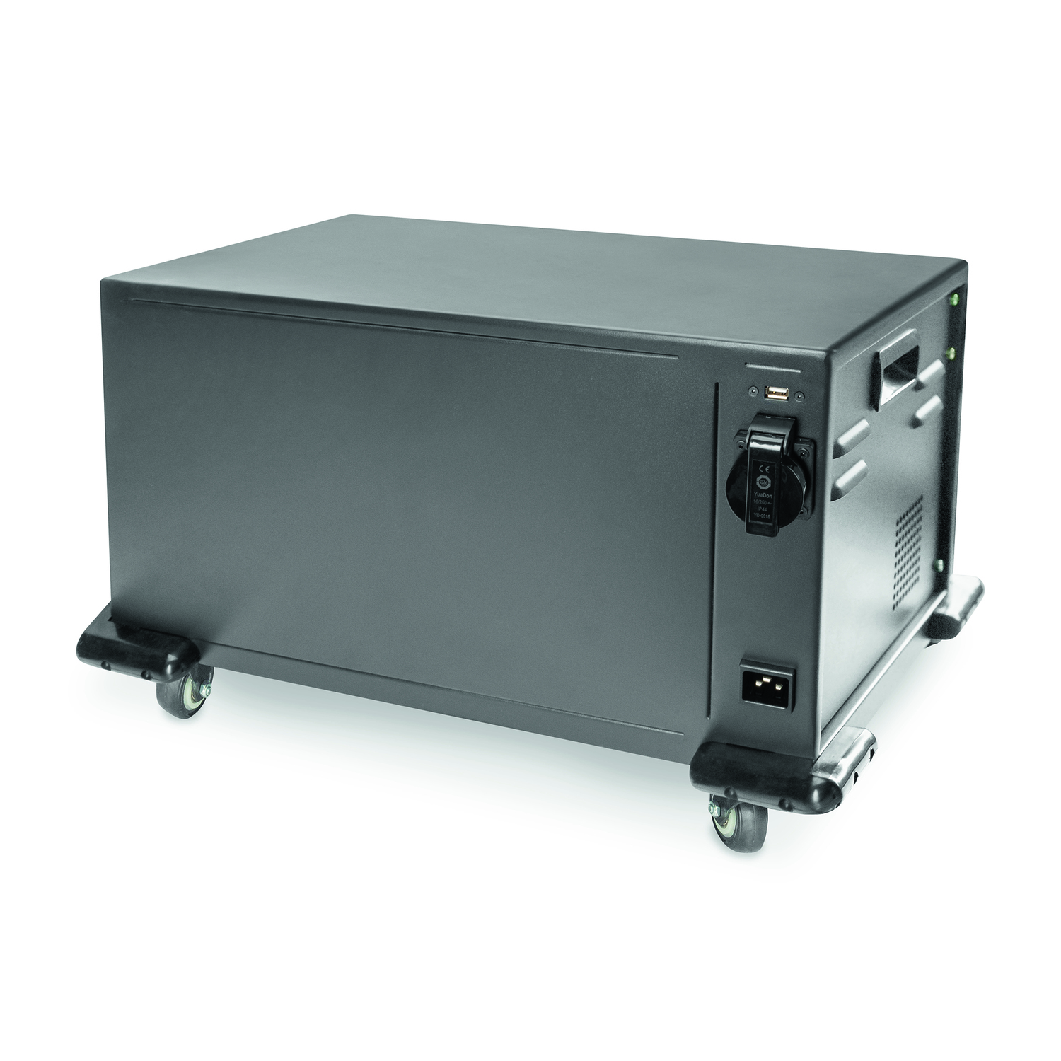 A black cabinet on wheels with power outlets.  The cabinet has a silver handle and a vent.