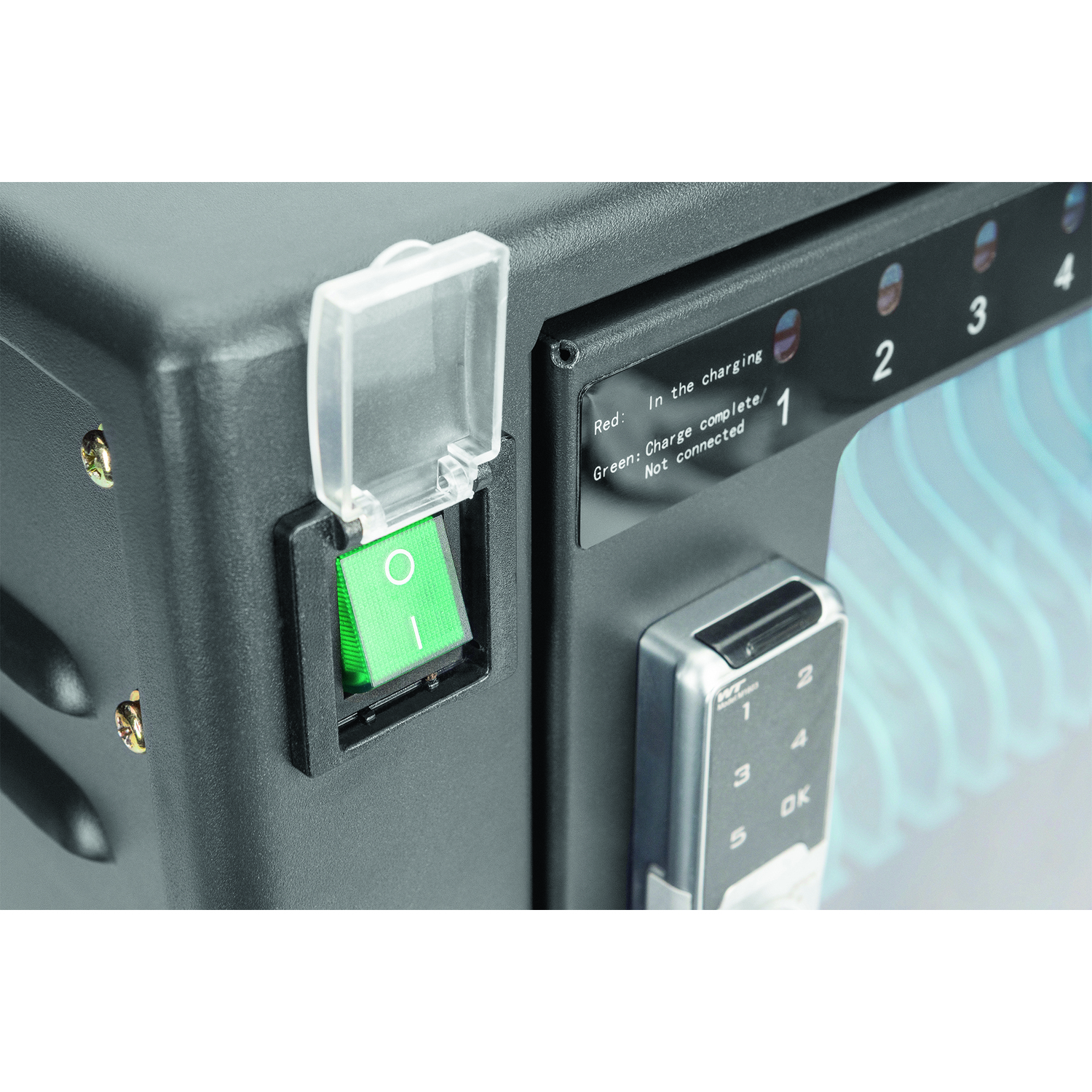 Black charging station with green switch, numbers, and a digital display.