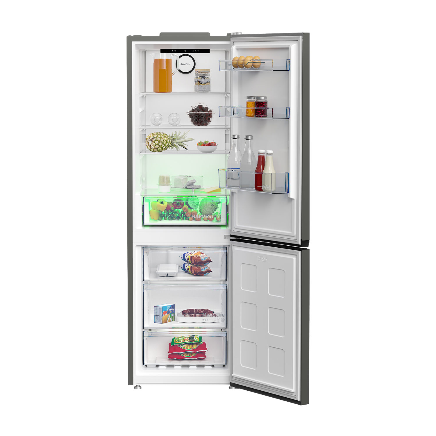 Un frigorifero con la porta aperta, che mostra prodotti, uova e altri generi alimentari.
