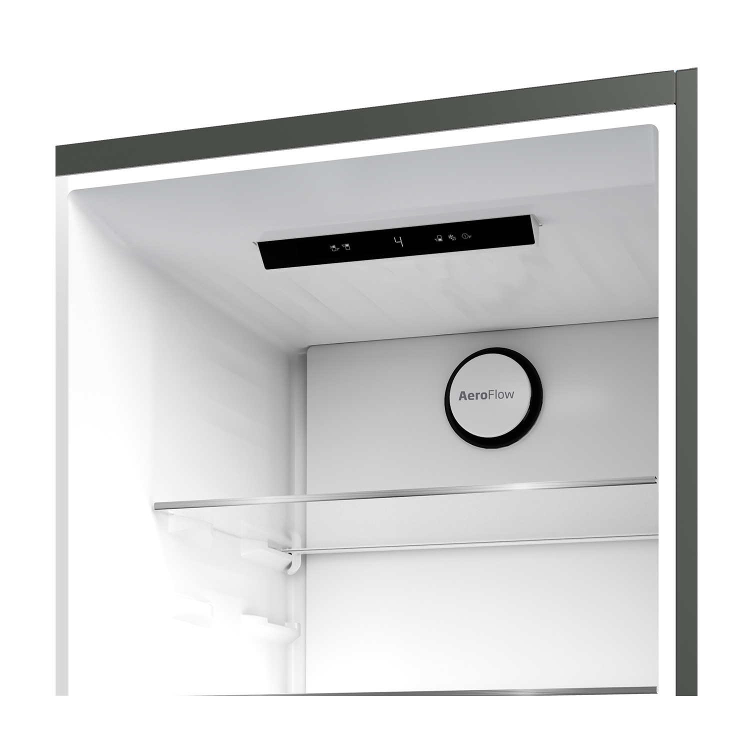 Interno di un frigorifero con display digitale che mostra '4' e 'AeroFlow'. Sono visibili ripiani e una luce.