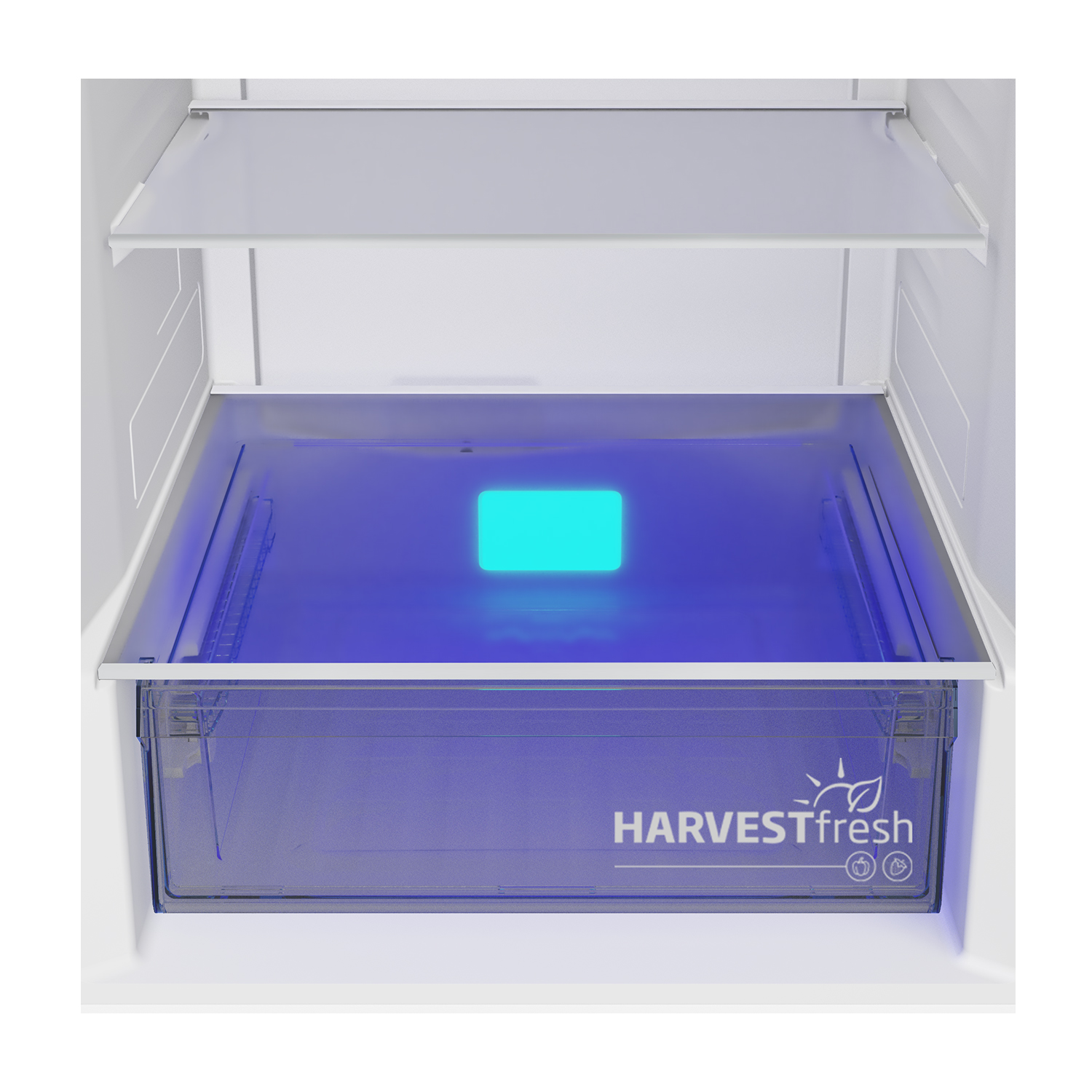 Interno del frigorifero. Un cassetto con le parole HARVESTfresh è illuminato da una luce blu.