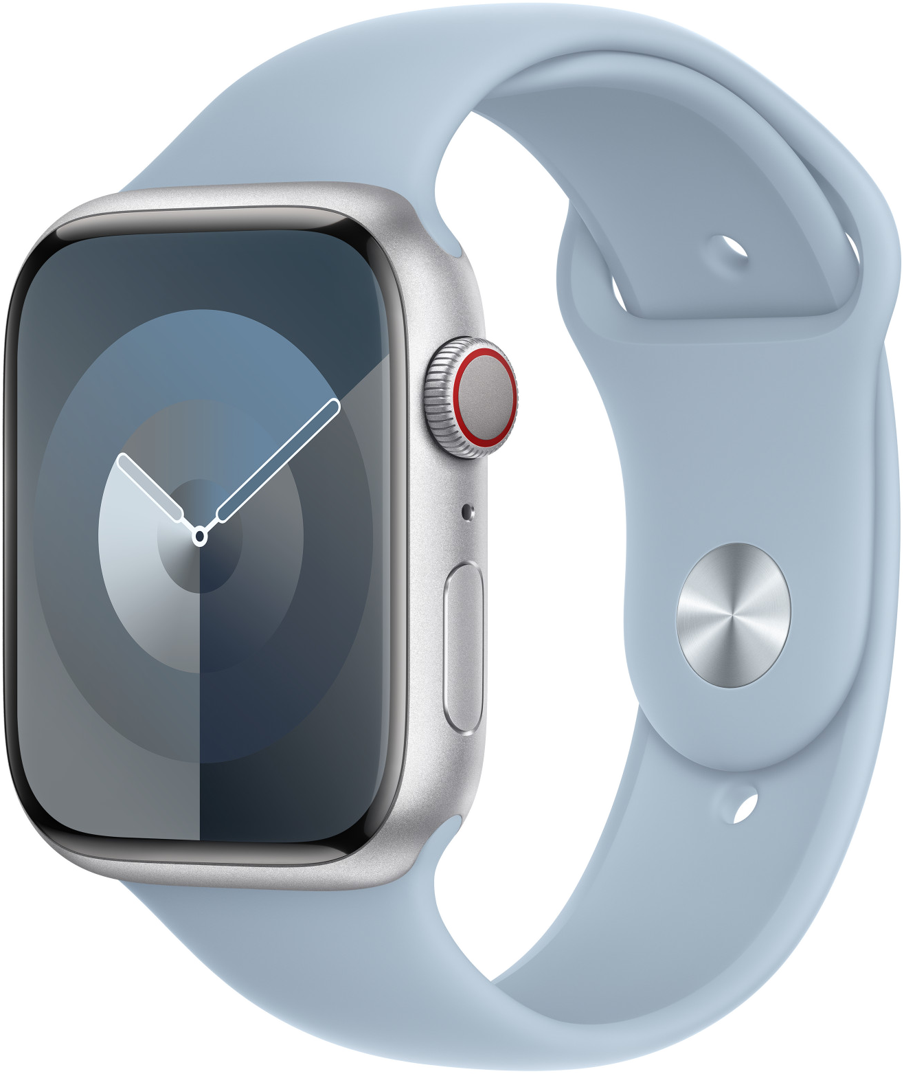 Ezüst Apple Watch kék szíjjal. Az óralap kék és sötétkék színátmenettel rendelkezik.