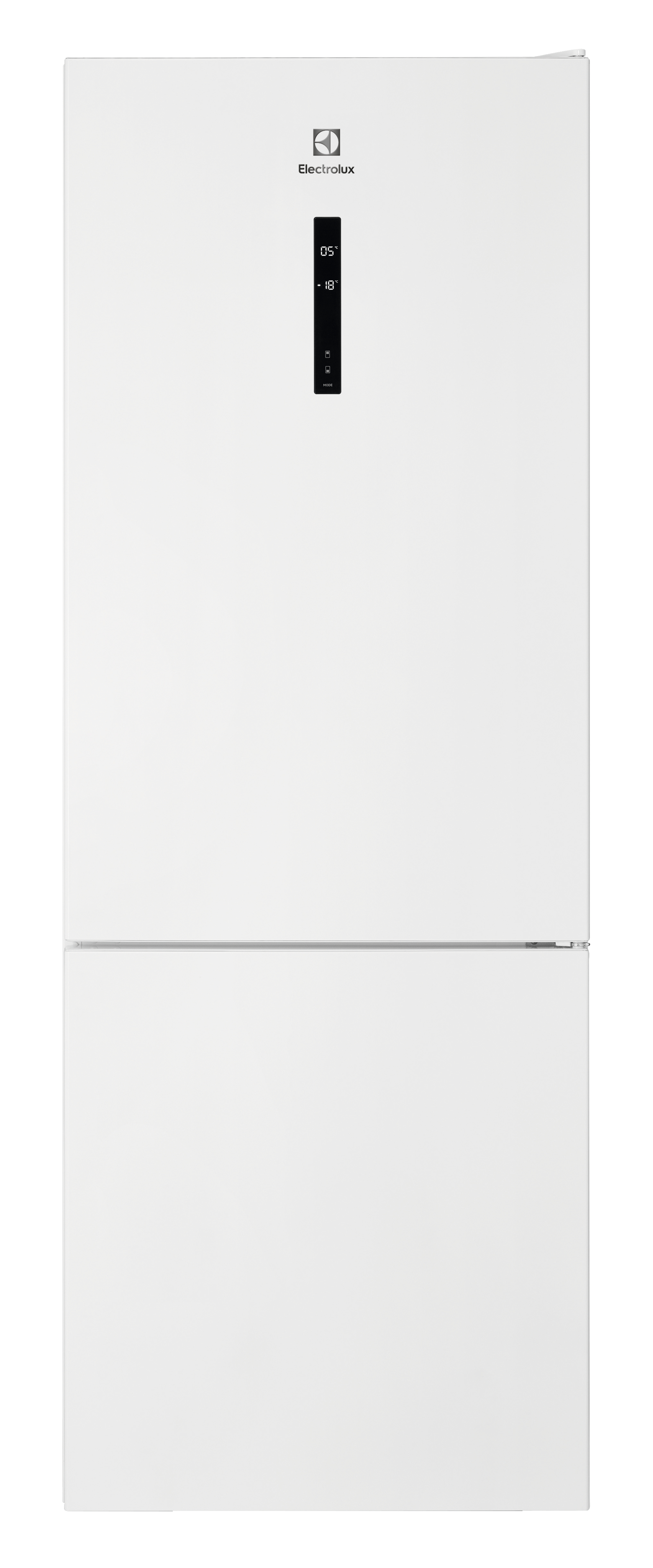 Altta dondurucusu olan beyaz Electrolux buzdolabı. Kapıda dijital ekran. Temiz tasarım.