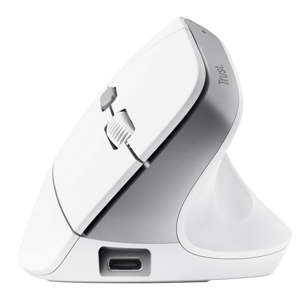 Biało-szara ergonomiczna mysz z portem ładowania.