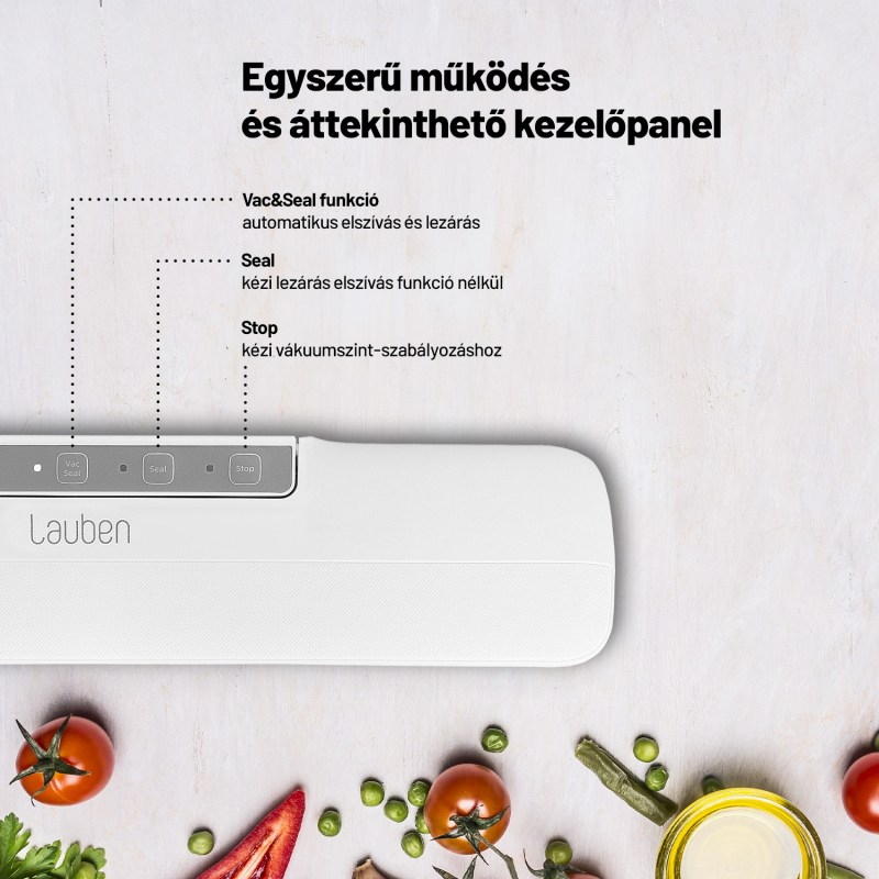 Vákuumos tömítőgép különböző funkciók gombjaival, gyümölcsökkel és zöldségekkel.
