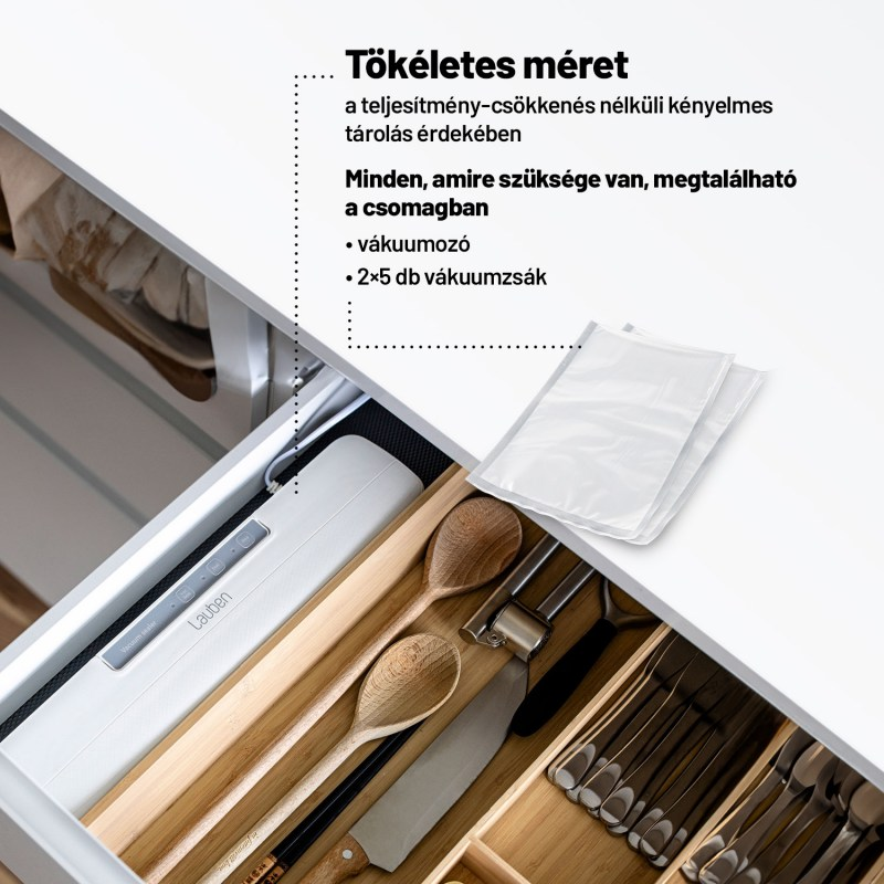 Fiók vákuumzáróval és vákuumzacskókkal.