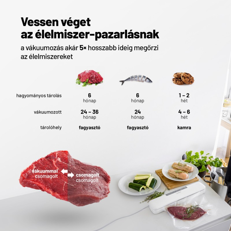 Kép az élelmiszerek tárolási idejéről. Hús, hal és sütemények tárolási idejét mutatja.
