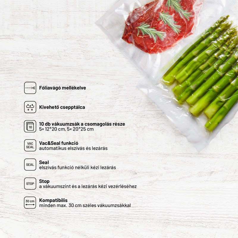 Vákuumcsomagolt élelmiszer, steakkel és spárgával, folyamatot magyarázó ikonokkal.