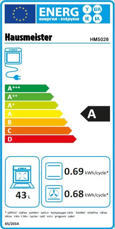 Energiahatékonysági címke egy Hausmeister sütőhöz. A energiaosztályt mutatja, alatta más besorolásokkal.