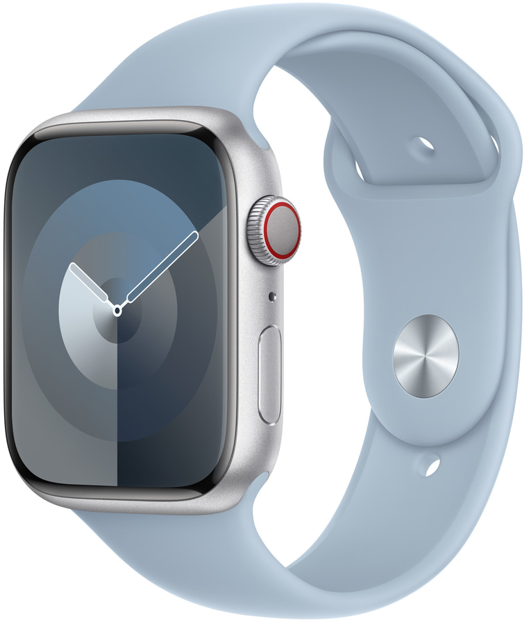 Ezüst Apple Watch világoskék szíjjal, óralapot mutatva.
