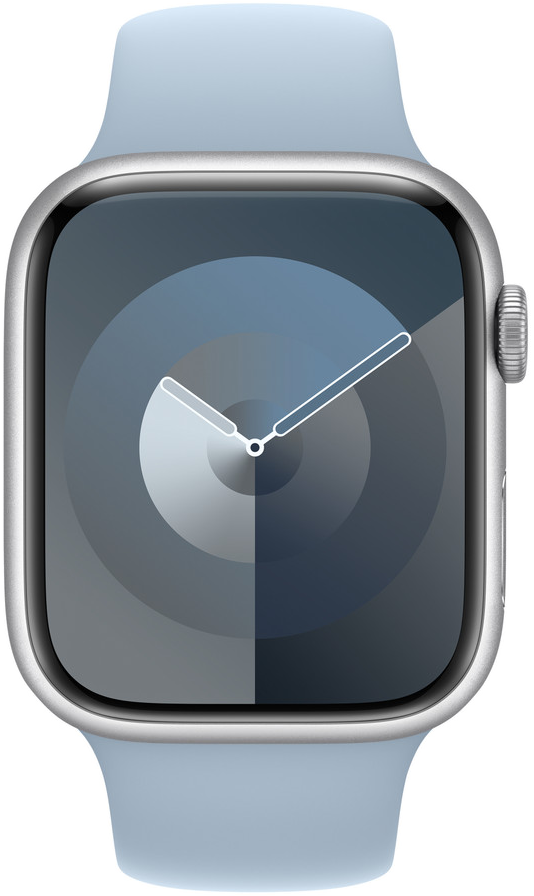 Ezüst Apple Watch kék szíjjal, kék számlappal.