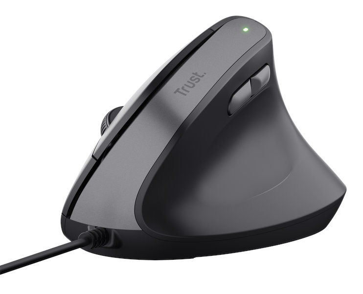 Ergonomiczna pionowa mysz komputerowa, czarna i szara, z zielonym światłem na górze.