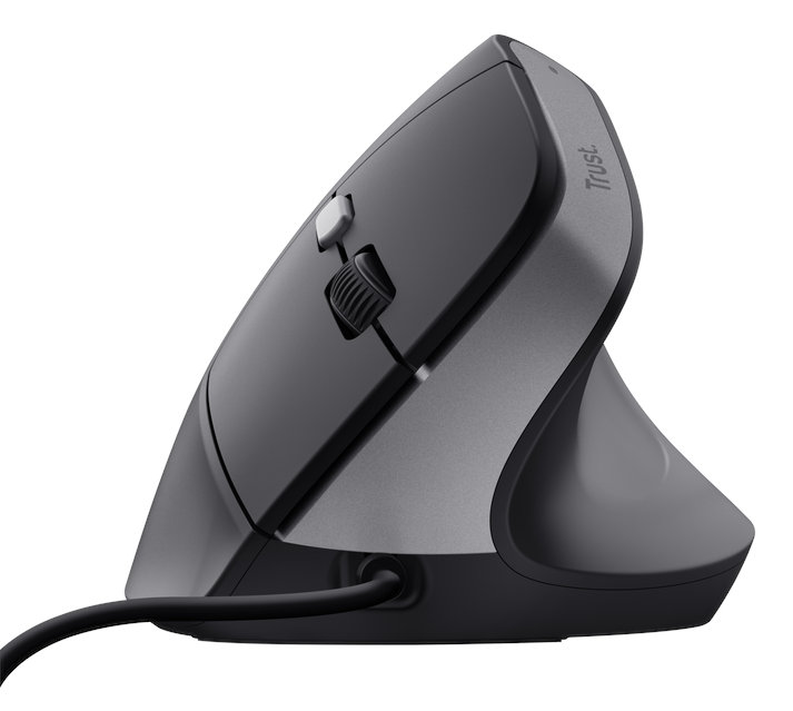 Czarna ergonomiczna mysz firmy Trust ze srebrnym bokiem i kółkiem przewijania.