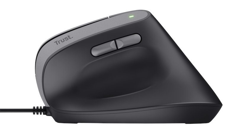 Ergonomiczna mysz komputerowa, czarno-szara, z dwoma przyciskami.