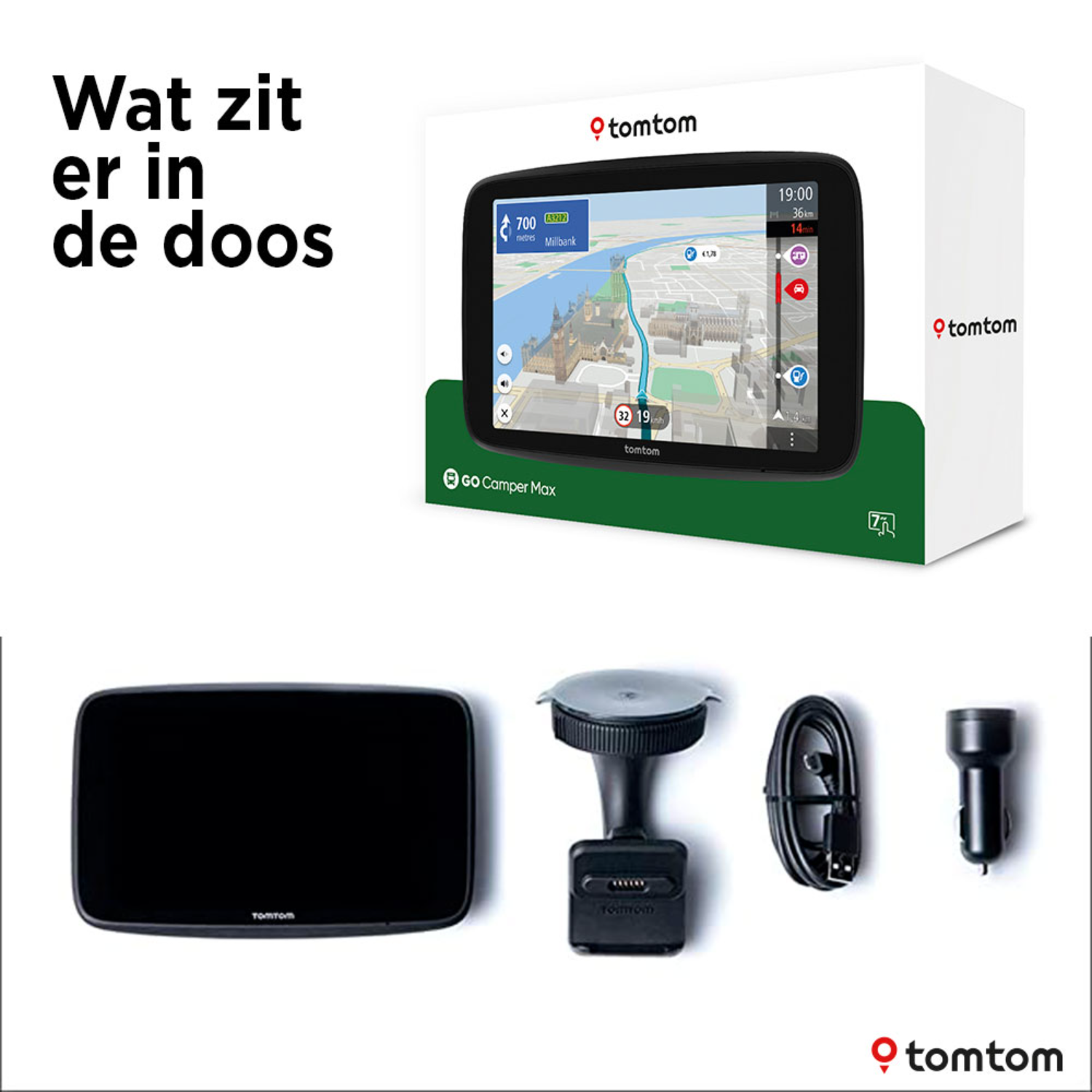 A TomTom device and accessories. A GPS device, car charger, and mounting hardware are visible.