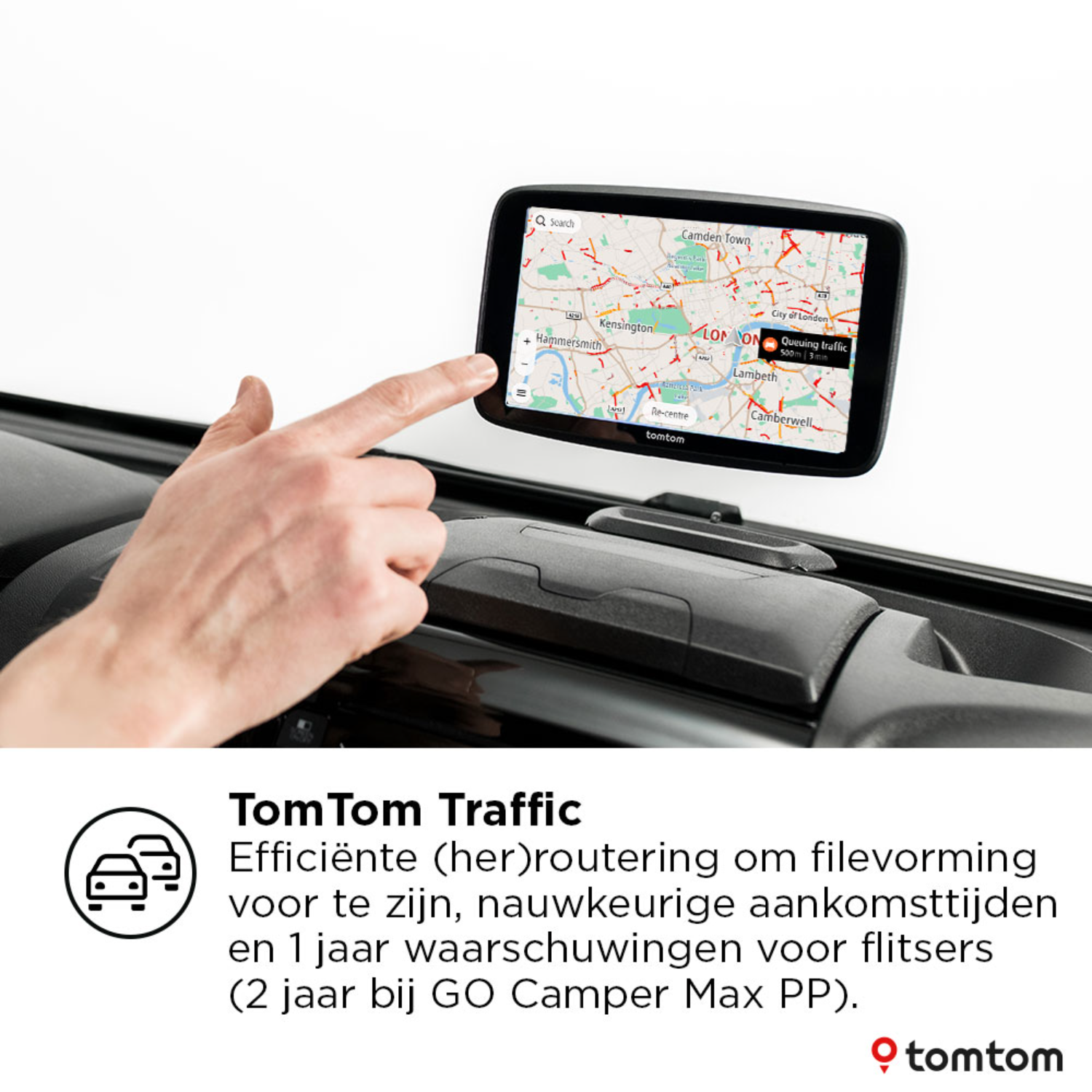 Hand pointing at a GPS screen in a car dashboard. Map with road and traffic information.