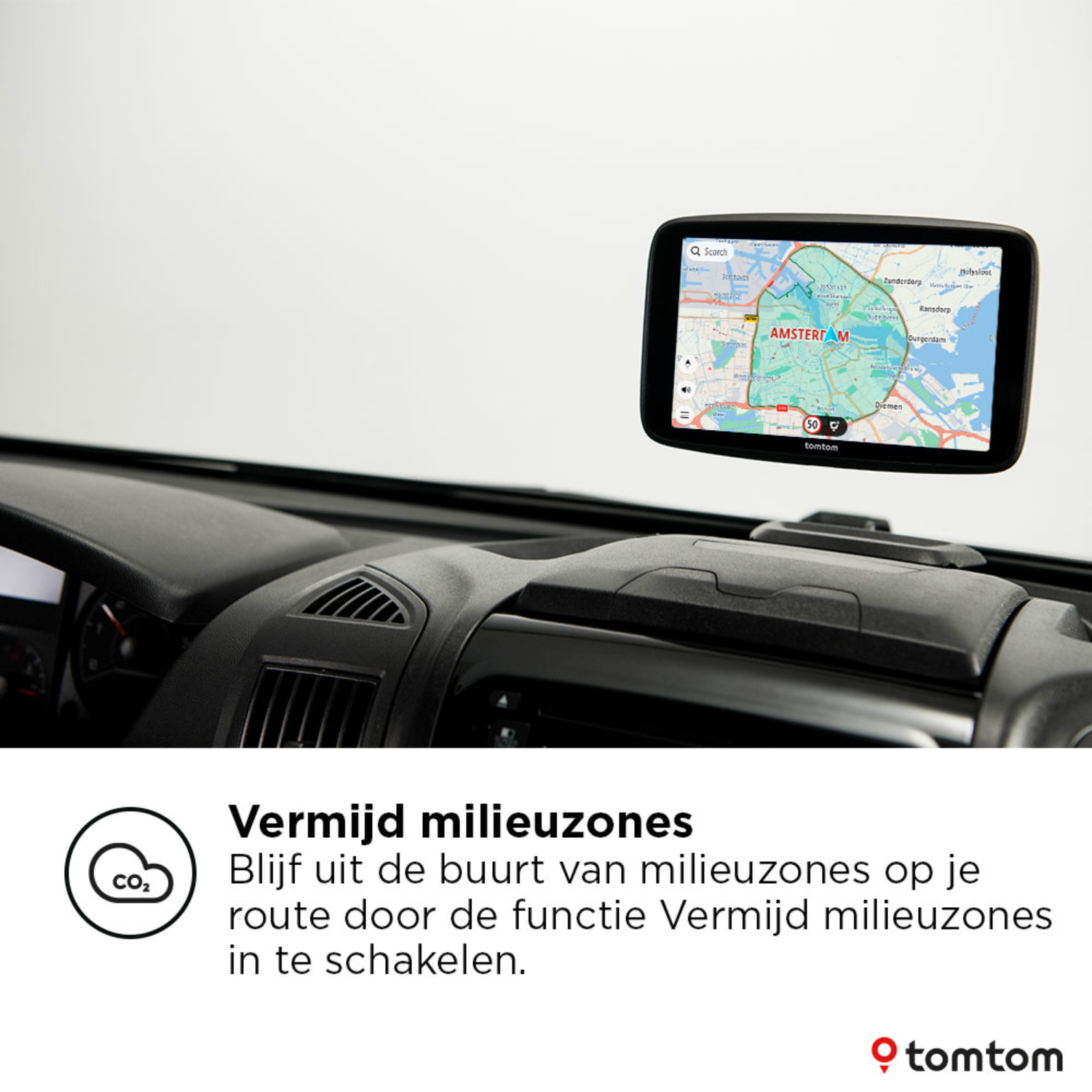 A TomTom GPS device mounted in a car, displaying a map. Text below: Avoid environmental zones.