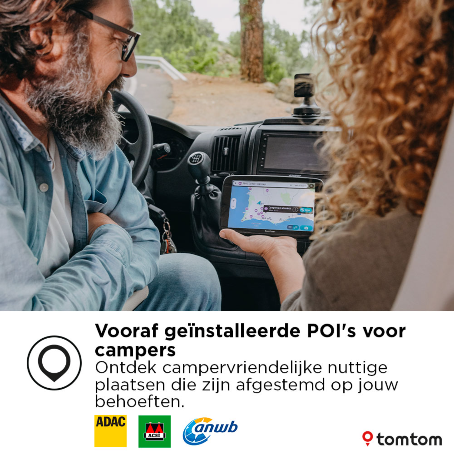 Couple in car looking at a GPS device. The GPS shows a map. Text about POIs for campers is below.