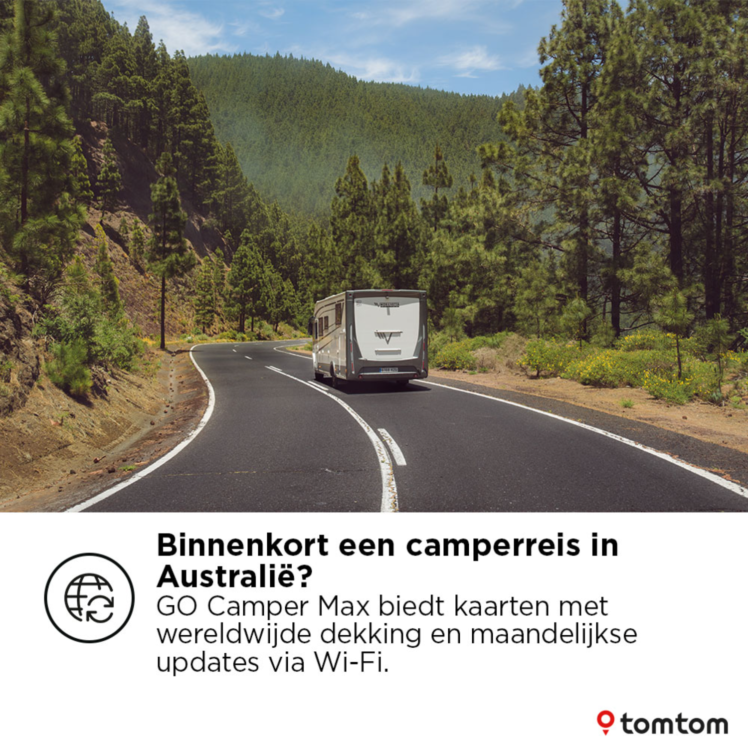 A camper van drives on a road through a forest, with text about campervan travel.
