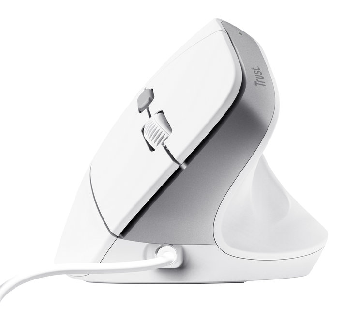 Biała, pionowa, ergonomiczna mysz z szarymi akcentami i podłączonym kablem.
