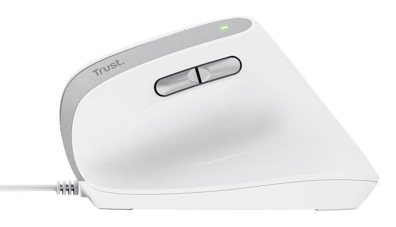 Biała, pionowa mysz ergonomiczna z dwoma przyciskami i zielonym światłem.