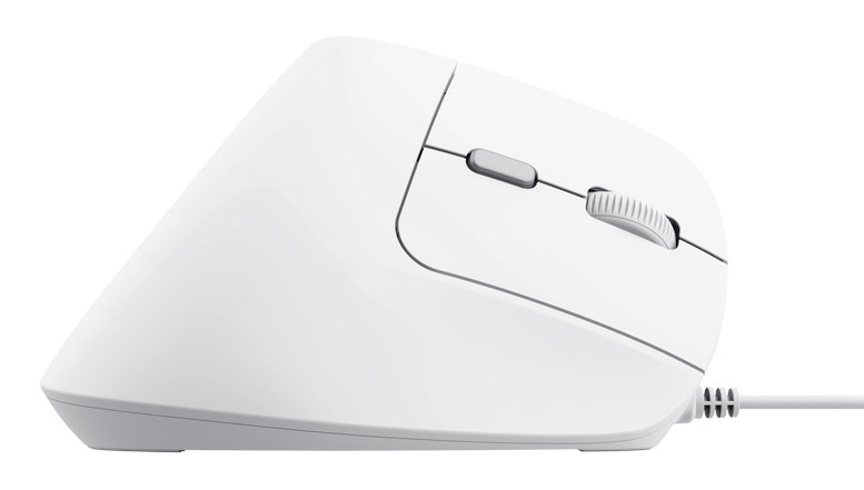 Biała, ergonomiczna mysz komputerowa o pionowej konstrukcji.