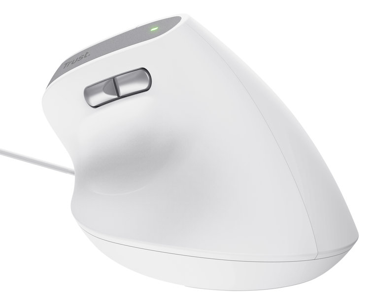 Biała ergonomiczna mysz komputerowa z dwoma przyciskami i kółkiem przewijania.