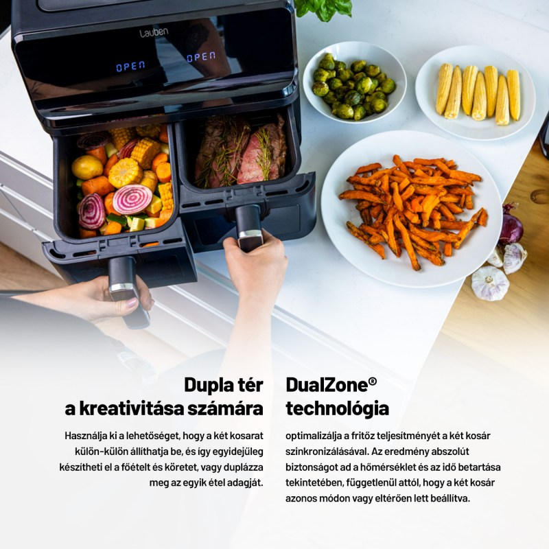Egy forrólevegős sütő étellel. Szöveg magyarul. Dupla zónás technológia.