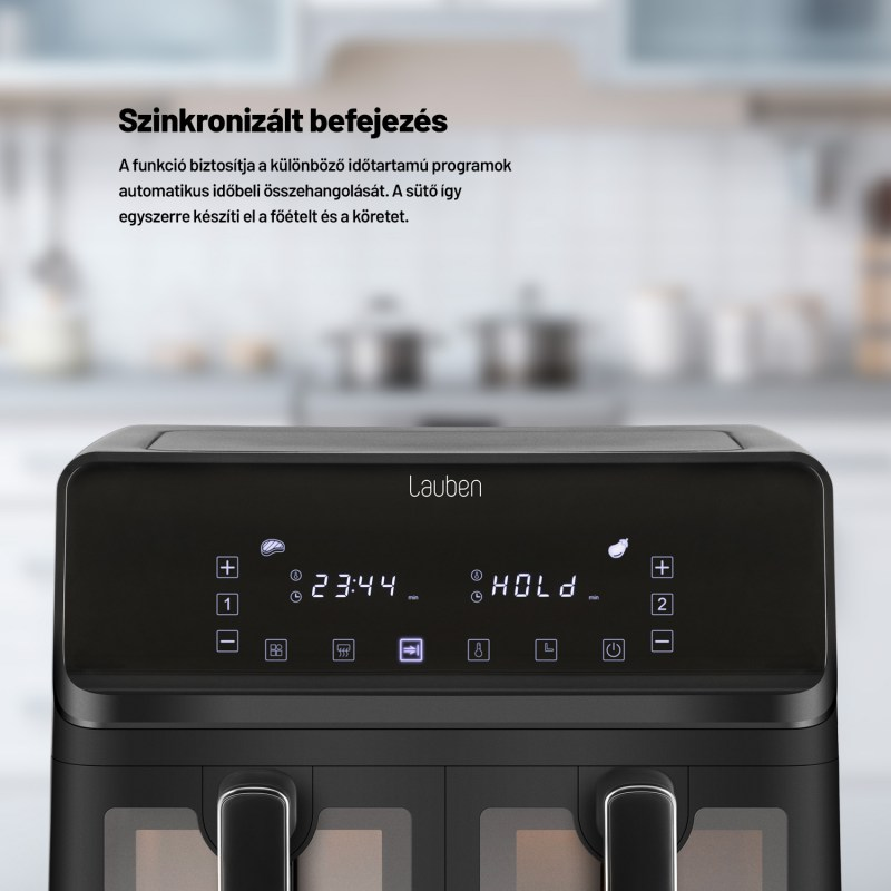 Fekete légkeveréses fritőz digitális idő kijelzővel. A felső szöveg: 'Szinkronizált befejezés'.