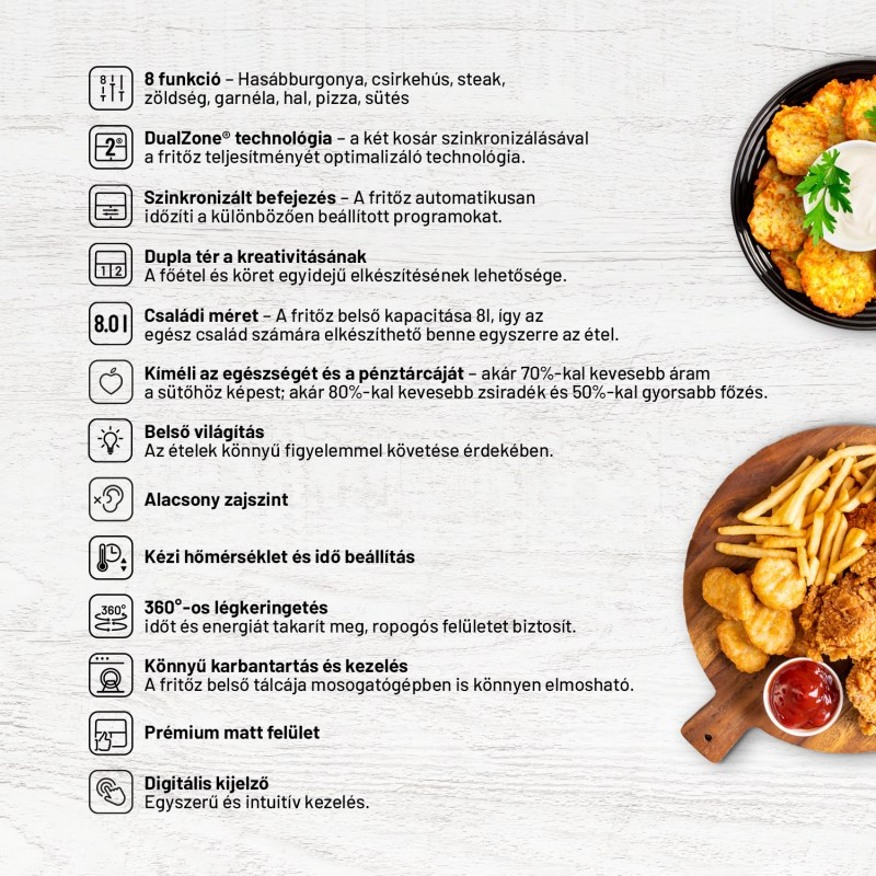 Különféle légsütő funkciók szöveges címkékkel és ételképekkel, szöveggel és grafikával.