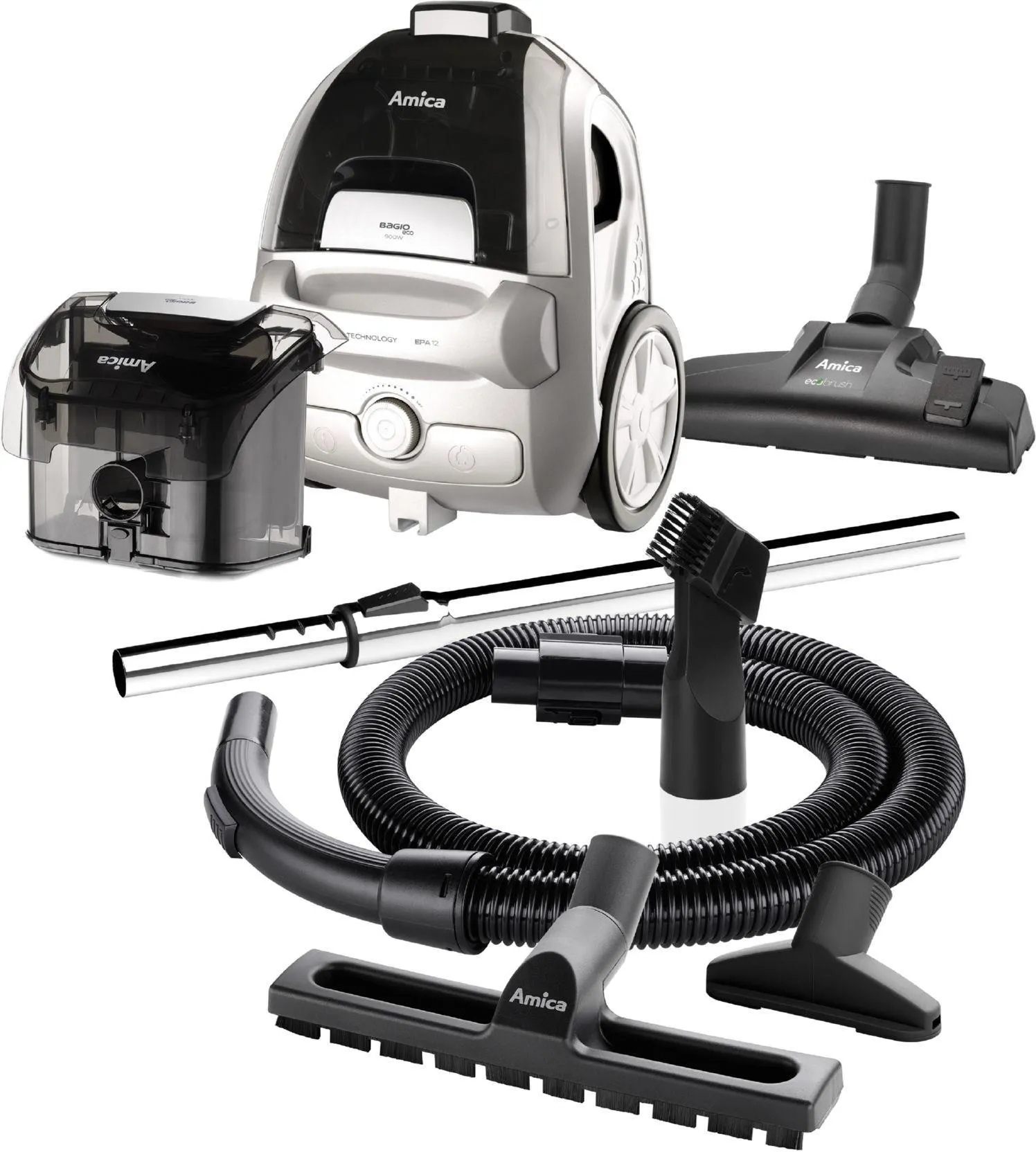 Odkurzacz z akcesoriami. Zawiera pojemnik na kurz, wąż i różne dysze.