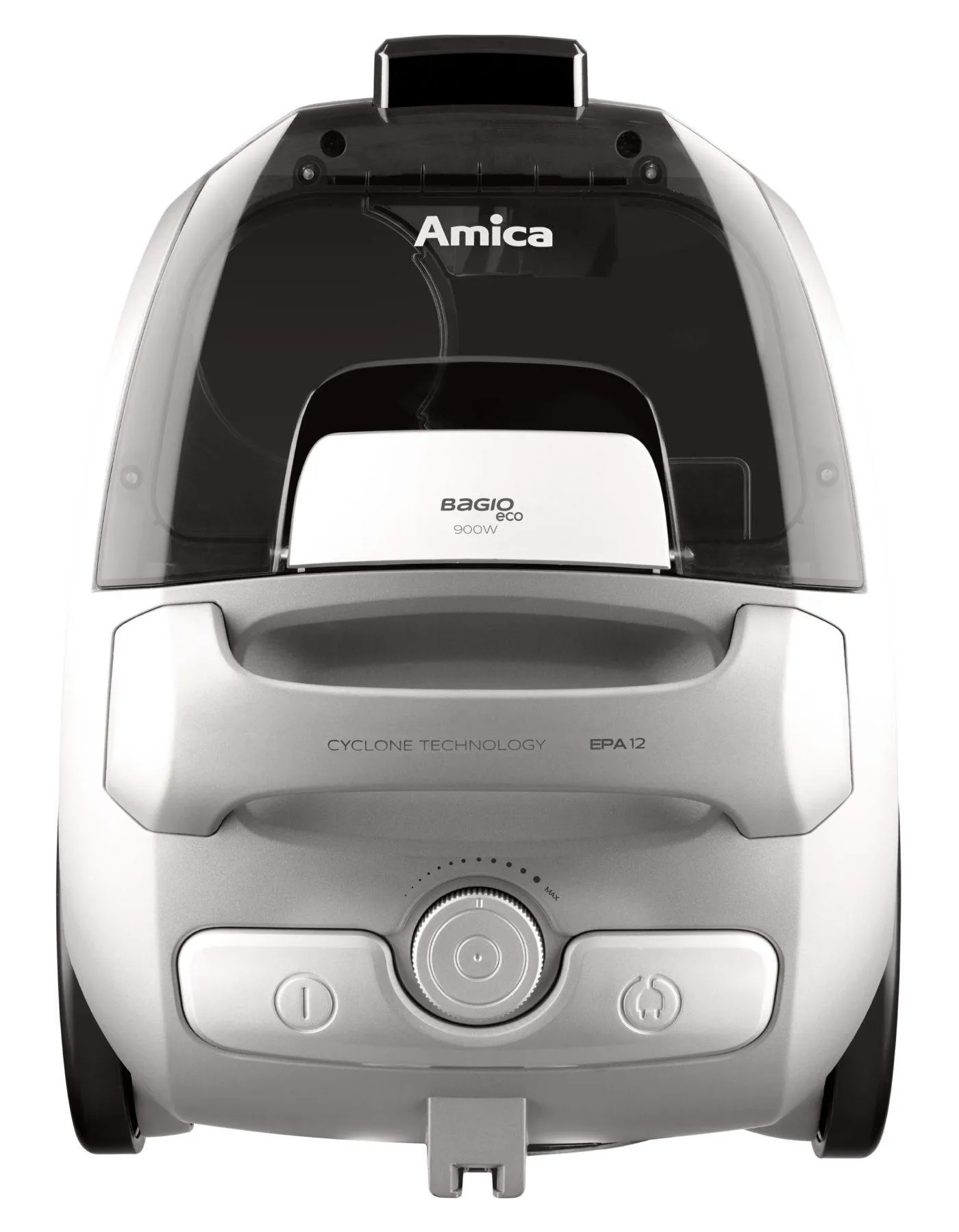 Biały i szary odkurzacz Amica, z czarnym wierzchem. Zawiera słowa 'Bagio eco 900W'.