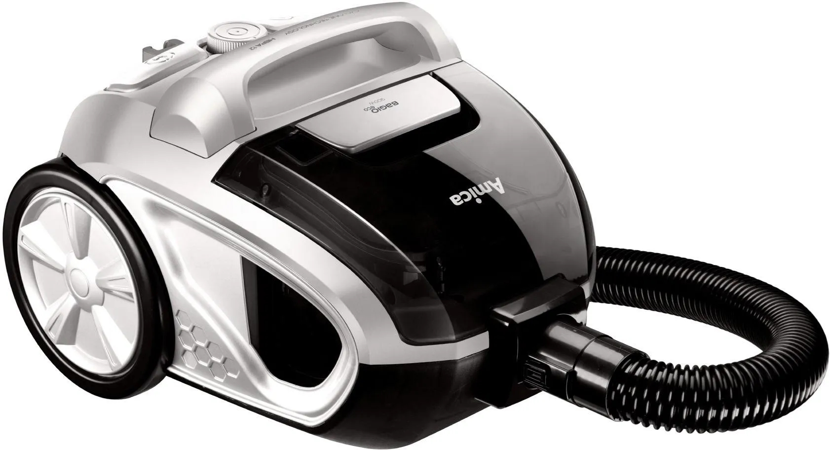 Odkurzacz biało-czarny z wężem.