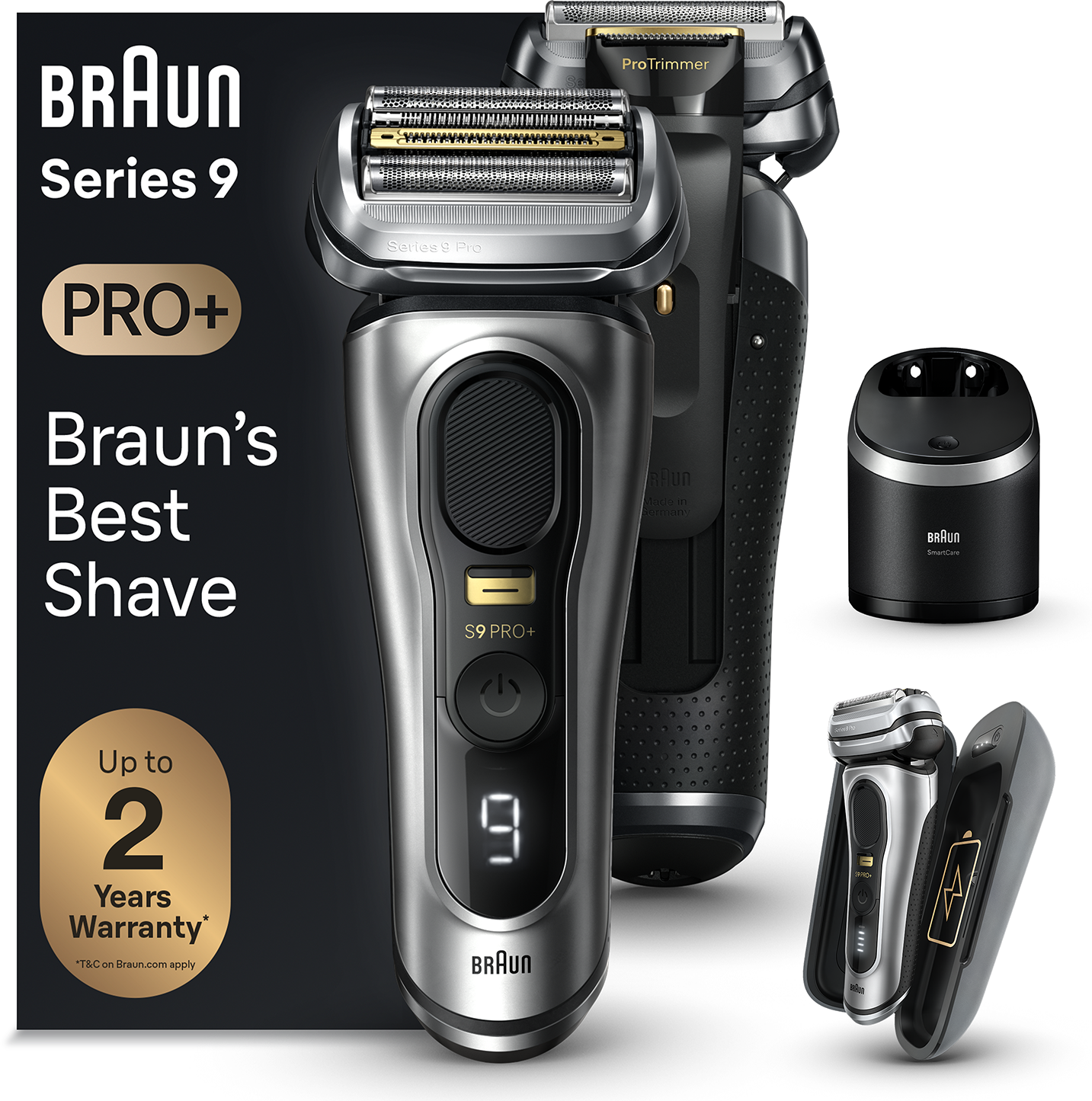 Egy Braun Series 9 Pro+ elektromos borotva töltőállomással és tisztítóállomással.