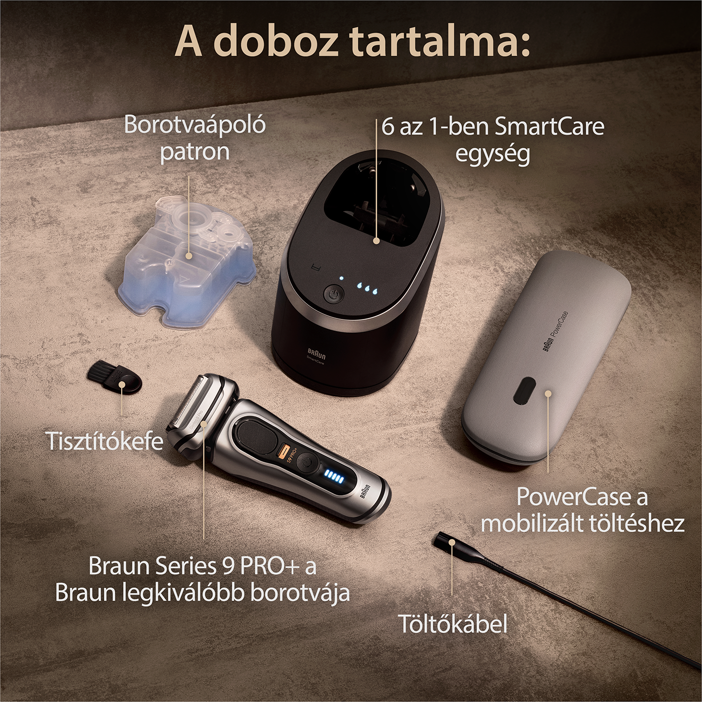 Braun Series 9 PRO borotva, tisztítóegység, PowerCase, tisztítókefe és kábel.