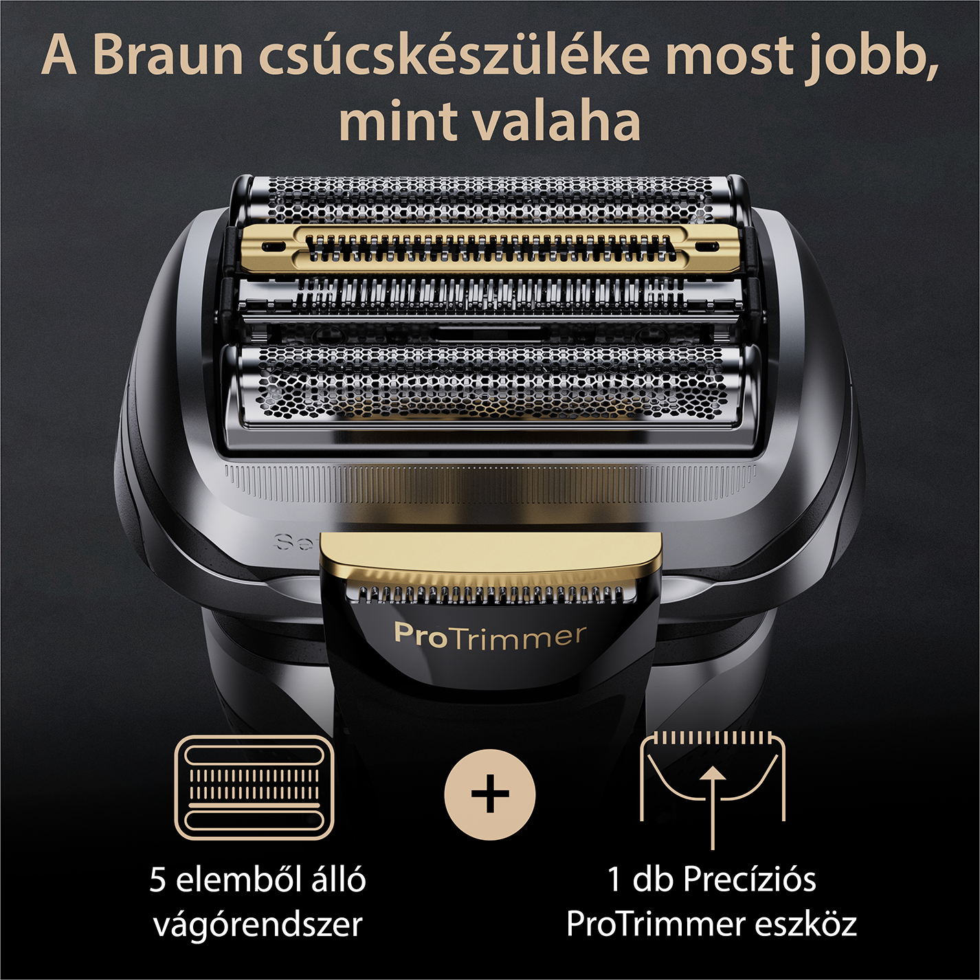 A Braun borotvafejének közeli képe. Több pengéje és egy trimmelője van.