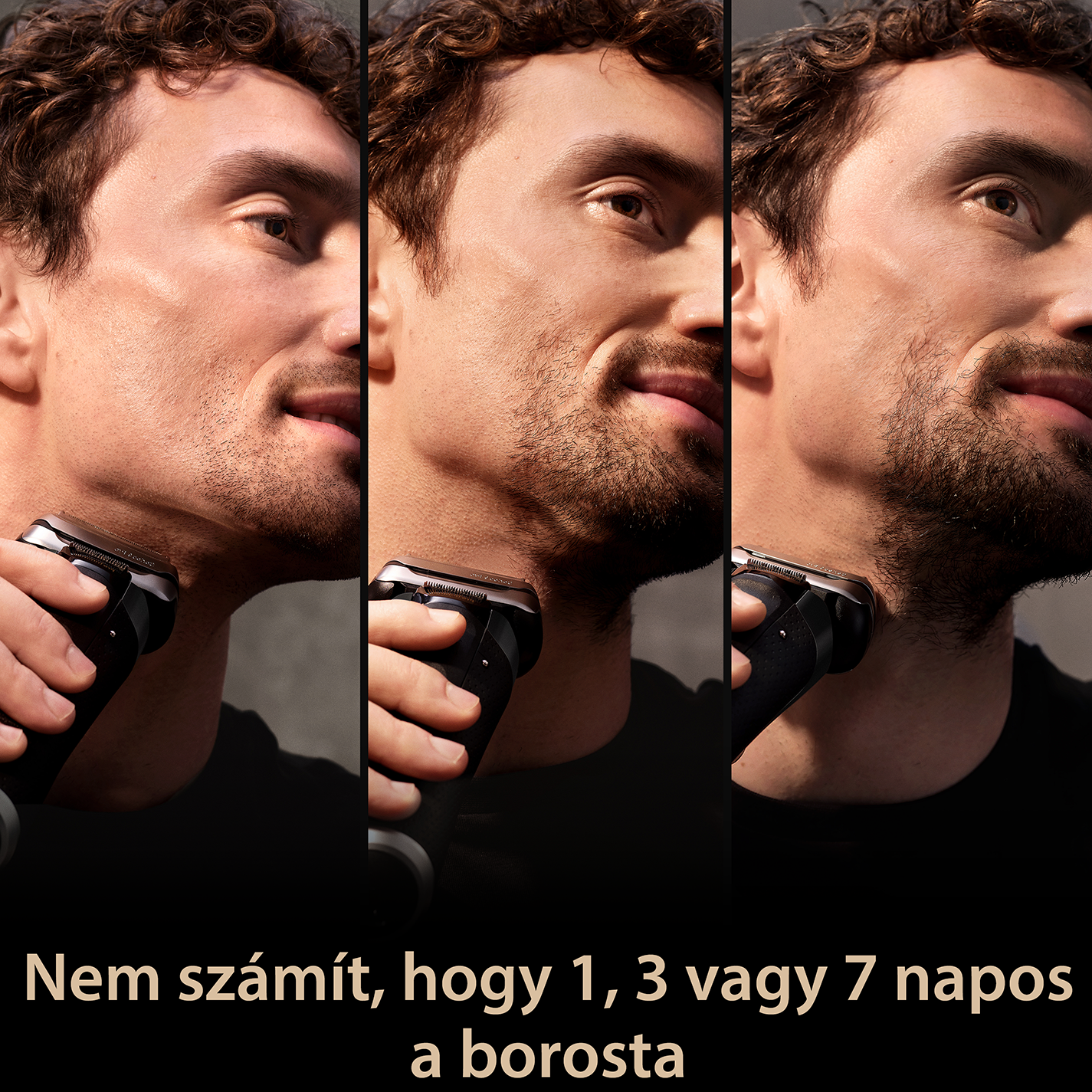 Három kép, amely egy férfit mutat, amint borotvával borotválkozik. Magyar nyelvű szöveg.